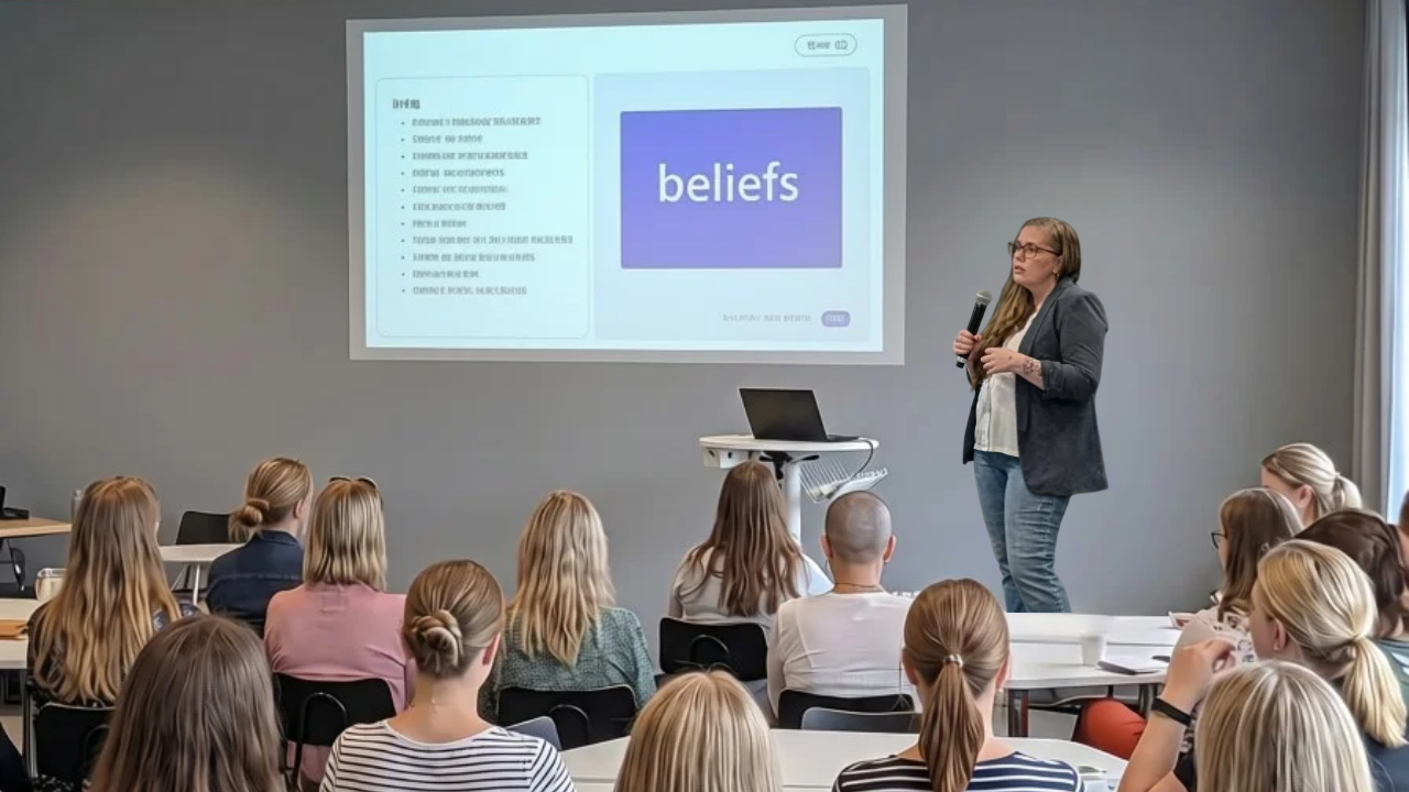 Maaret Peltoniemi ohjaa workshopia yleisön edessä